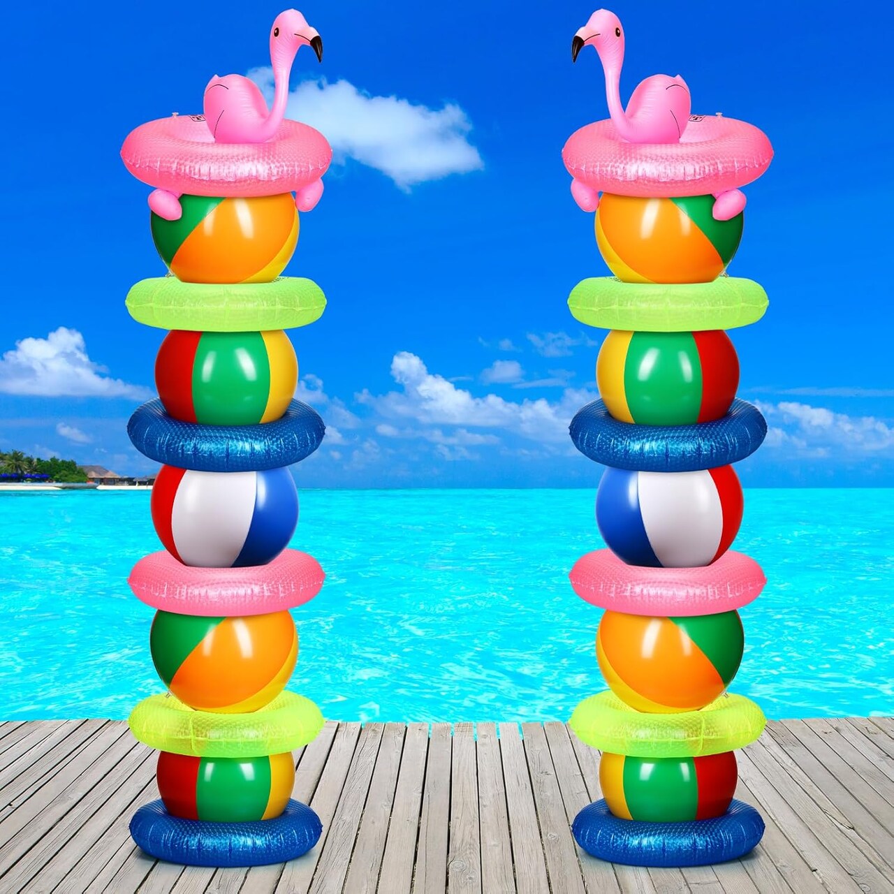 24 Pcs Beach Ball Party Kit 10 Pcs 16 Inch Beach Balls 12 Pcs Swimming Ring 2 Pcs Inflatable Flamingo Beach Ball Tower Rainbow Color Beach Balls for Summer Theme Party Decorations
